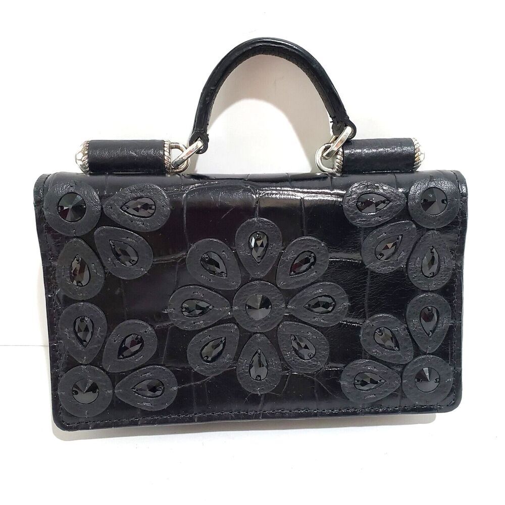 Brighton Glimmer Black Leather Mini Organizer Bag Top Handle Jewel Croc Embossed